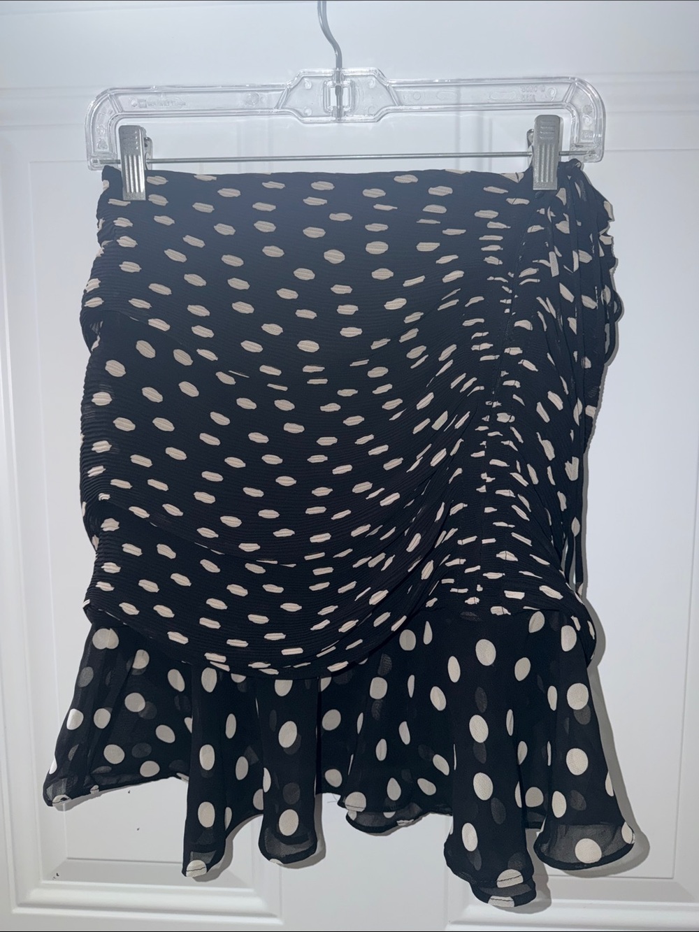 Olivaceous Black and White Polka Dot Ruffled Mini Skirt